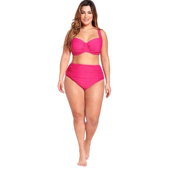 Hot Pink Bikini Set Ruched Swim Bikini Top Lace Up Back High Waisted Bottom 1X - Picture 1 of 12